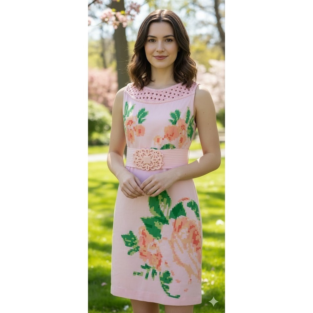 VTG Karta Linen Blend Floral Sheath Dress L Pink Crotchet Cottage Wedding NWT